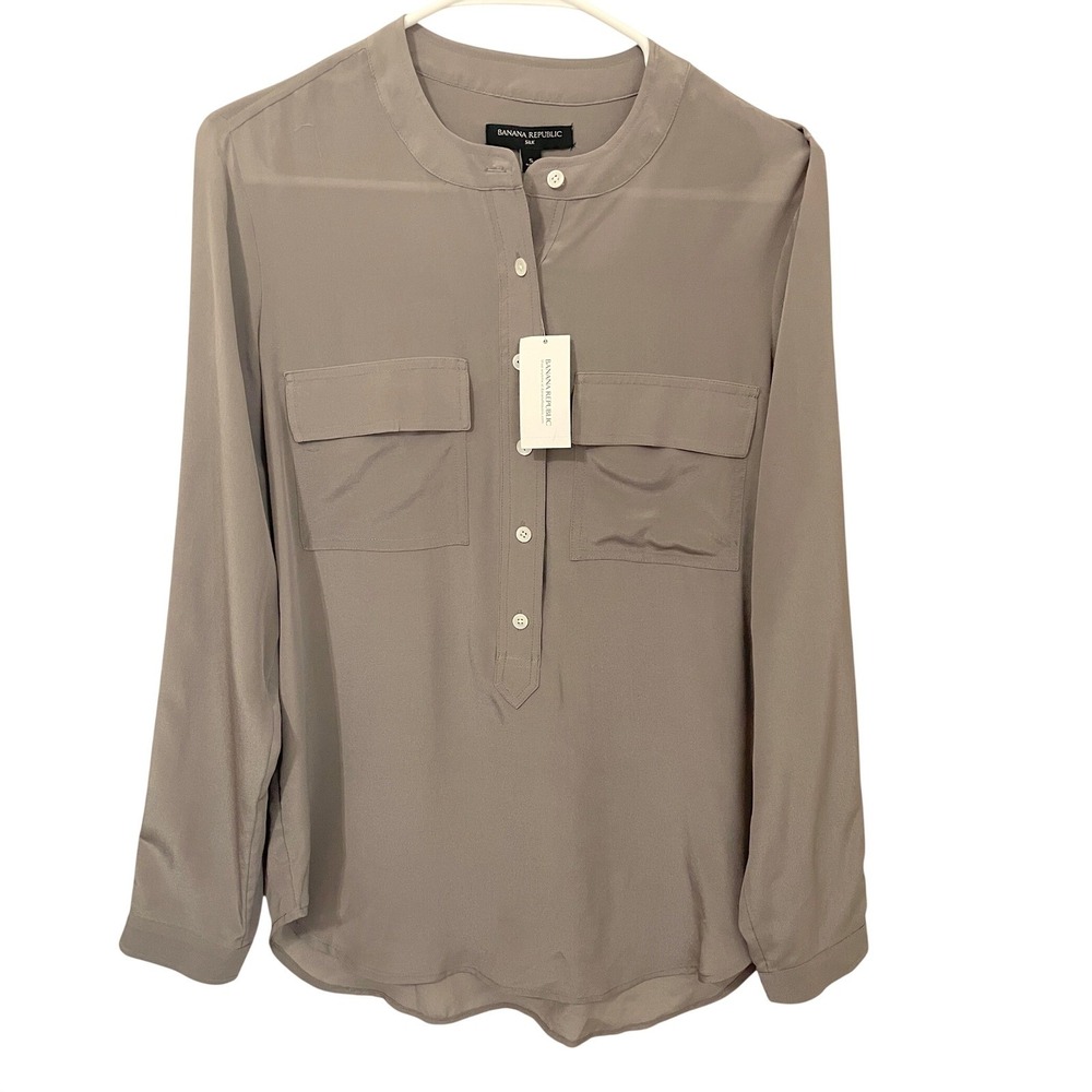Banana Republic Silk Utility Blouse Taupe Band Collar Long Sleeve New w/ Flaw